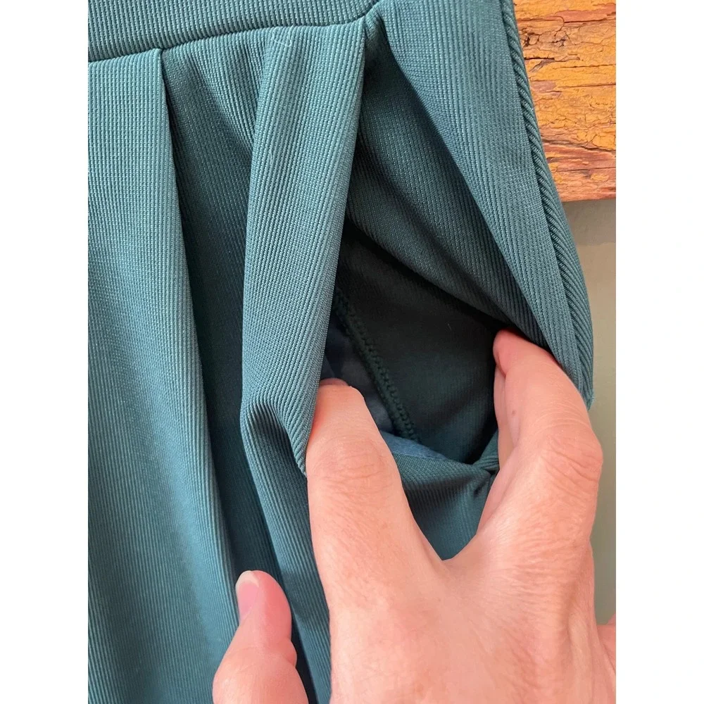 Halara Teal Green‎ Ribbed Wide Leg High Waisted Pleated Pockets Pants Small